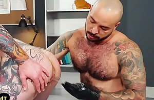 Bald inked blot out fisting dudes butthole after giving blowjob