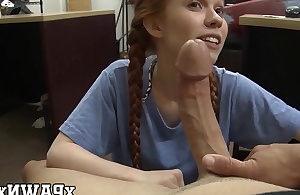 Little redhead temptress earns money apart from fucking in pawnshop
