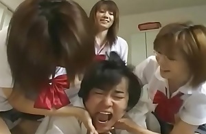 Japanese disdainful school girls abusing new student